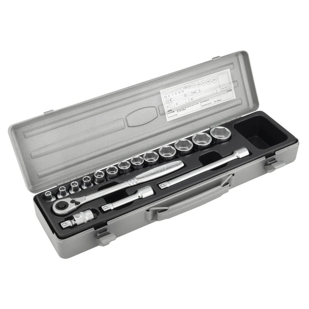 TONE 1570MS Socket Wrench Silver 17-Piece Set, 9.5mm (3/8") Drive,
