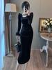 French Retro Square Collar Temperament Hepburn Style High Sense Small Black Dress Long Sleeve Black Bottoming Dress Autumn Skirt