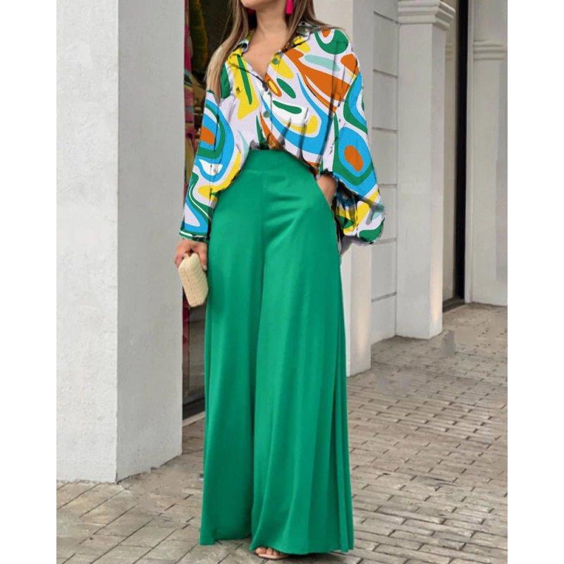 Women's Set Loose Large Size Casual Printed Shirt Solid Color Wide Leg Pants Two-piece Set Clothes Sale