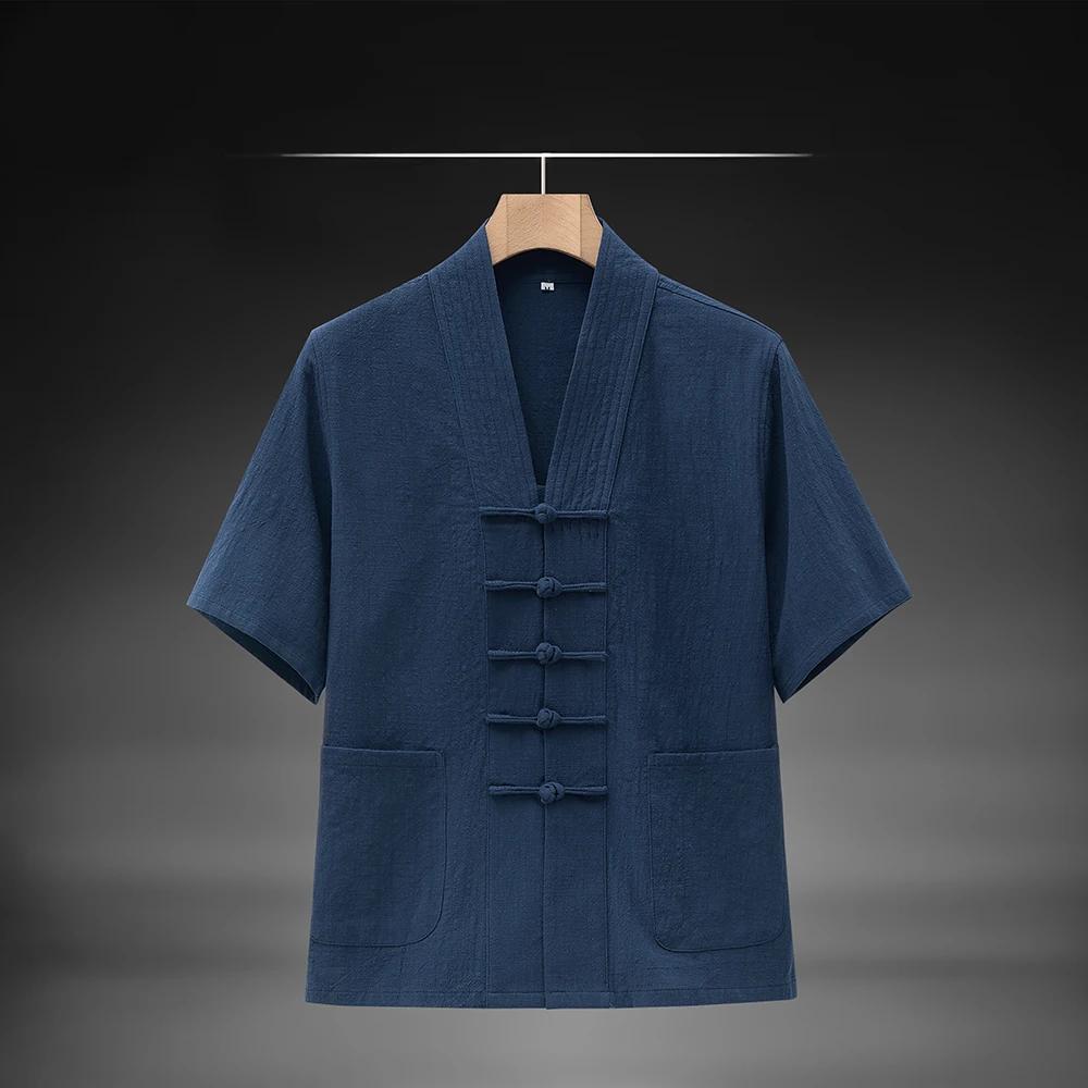 Men New Chinese Style Shirt Summer Cotton Linen Shirts Short Sleeve Stand Collar Frog Button Hanfu Traditional Casual Blouse