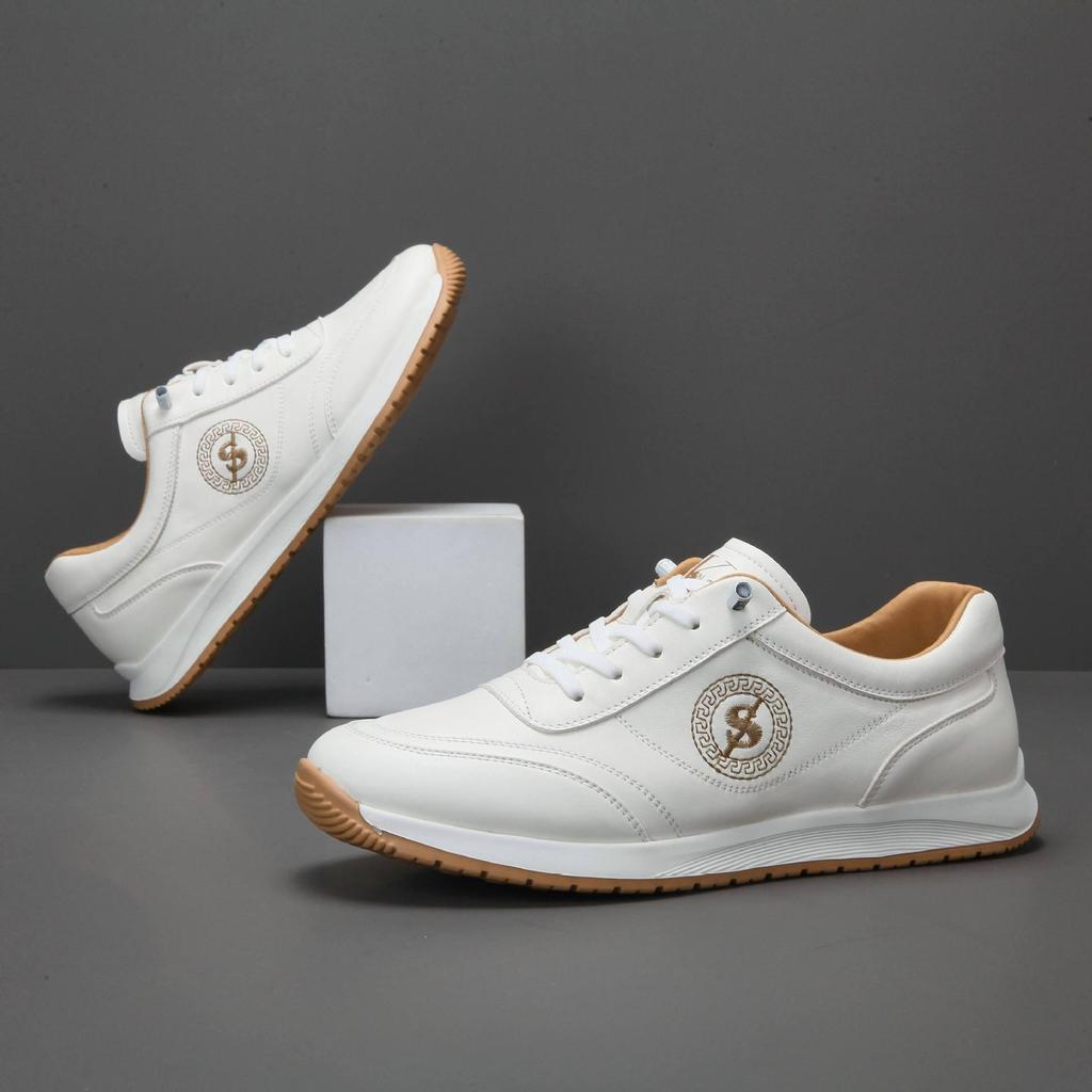 European Men's Genuine Cowhide Leather Casual White Sneakers - Breathable, Non-slip, Outdoor Fitness Shoes