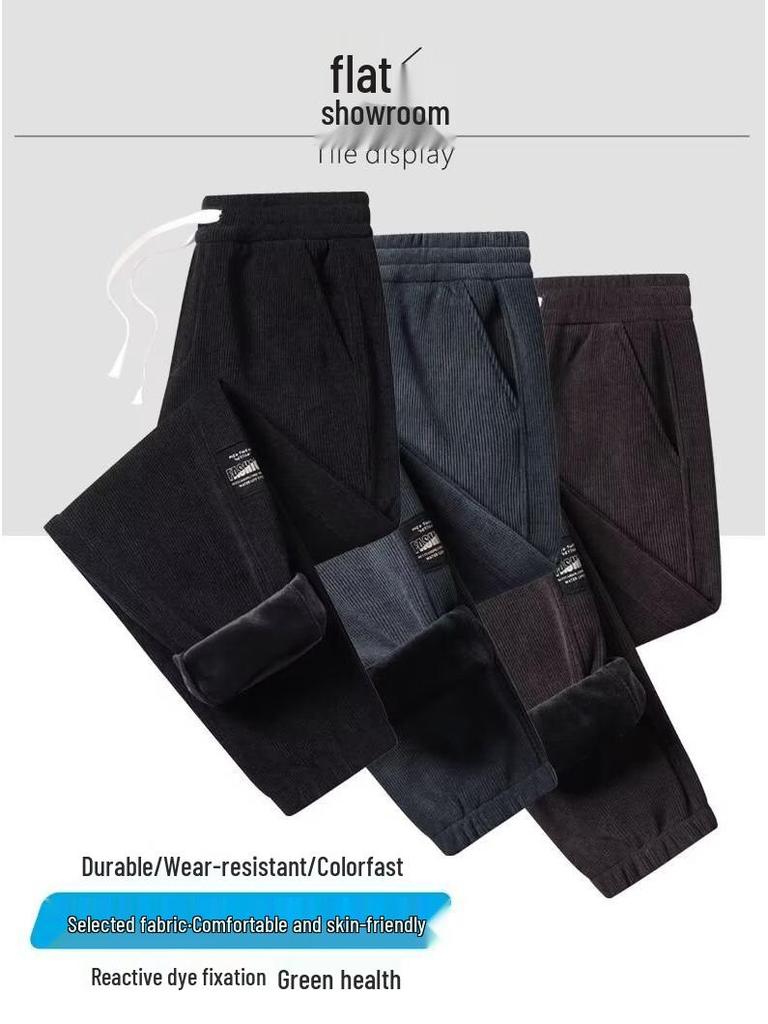 Men's Fleece-Lined Corduroy Joggers: Autumn/Winter Elastic Waist Casual Pants, Korean-Style Trendy and Versatile.