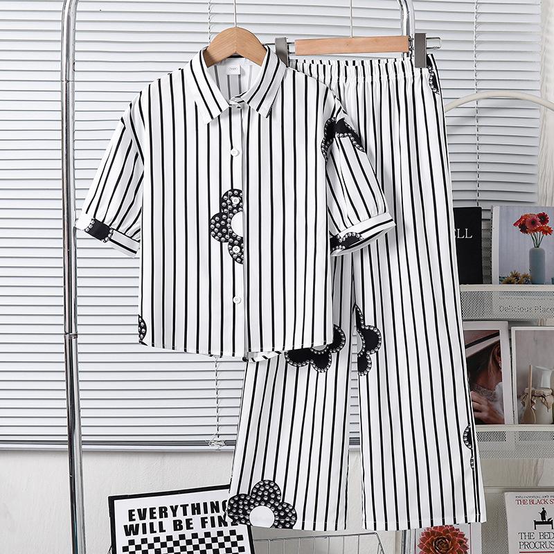 Girls Fashion Set - Summer Children s Casual Printed Striped Short-Sleeved Shirt and Pants Set 130cm=8Y чёрный