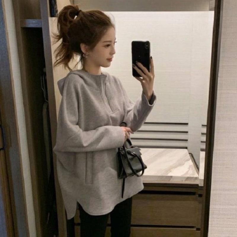 

2024 Spring/Autumn Women s Plus Size Green Hooded Jacket: Korean Style, Loose, Slimming, Stand Collar Gray (Standard)