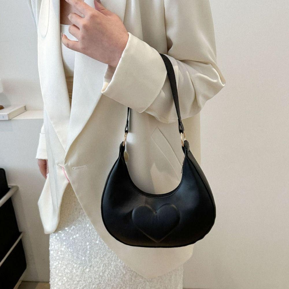 Korean Style Crescent Moon Underarm Bag Solid Color Hobo Bag Elegant PU Leather Shoulder Bag Women