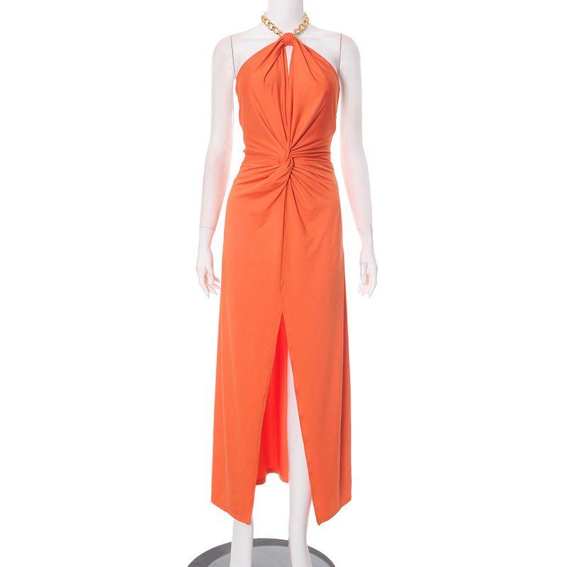 

Y25ds092 European and American Women s Clothing Pure Color Neck Hanging Chain Sub-Cut Out Backless Slit Long Dress Orange color S