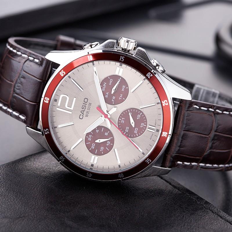 Casio Standard Series Business Fashion Three-Eye Chronograph Quartz Movement Genuine Leather Strap Men watches Silver MTP-1374L-7A1