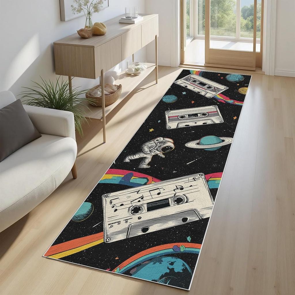3D Optical Illusion Space Scene Runner Rug Astronaut Planet Sci-Fi Theme Carpet Non-Slip Hallway Mat for Living Room Bedside