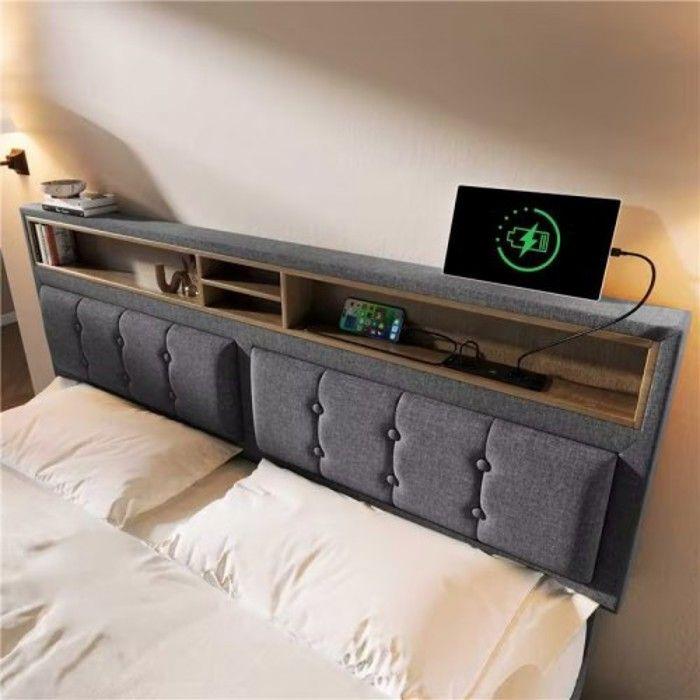 Lit Double - MUVOE - 160x200 - Tête De Lit Capitonnée - Prise USB Intégrée - Rangement Spacieux
