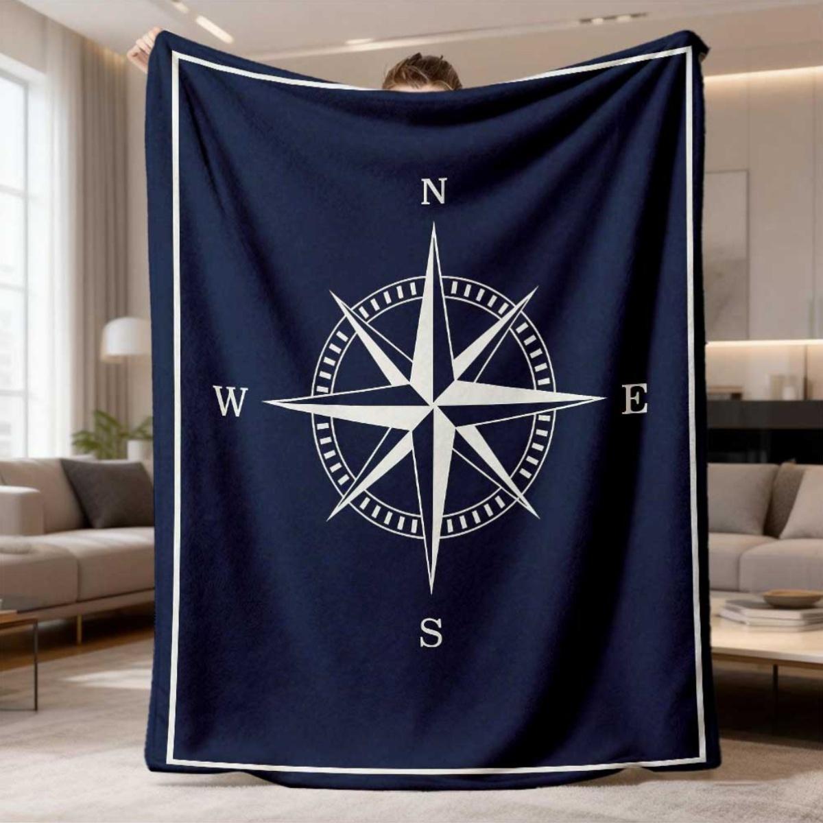 2026 Neuankunft Flanelldecke | Mit Aufdruck eines nautischen Kompasses, Blau, Langlebige Ganzjahreswärme, Maschinenwaschbar, Perfekt für Sofa, Bett, Reisen & Camping, 75X95CM