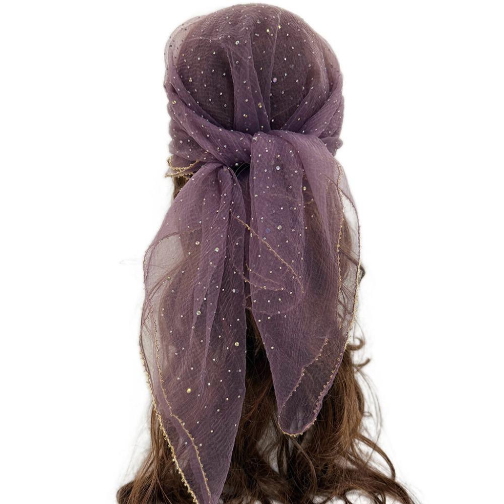 Thin Hotfix Rhinestone Square Scarf Sparkle Glitter Veil Turban Mesh Bandana Women Fashion