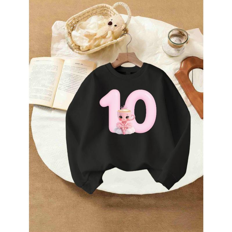 Kids Girls Crewneck Sweatshirt, Pink Balloon Number 10 Ballet Princess Coffee Cup Cartoon Print Bright Red Soft Fleece Pullover For 10th Birthday