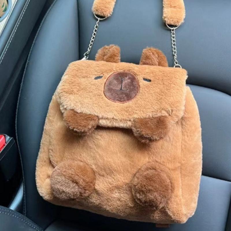Cartoon Plush Capybara Animal Backpack for Teens Multiple Pockets Student School Bag Zippered Crossbody Shoulder Bag