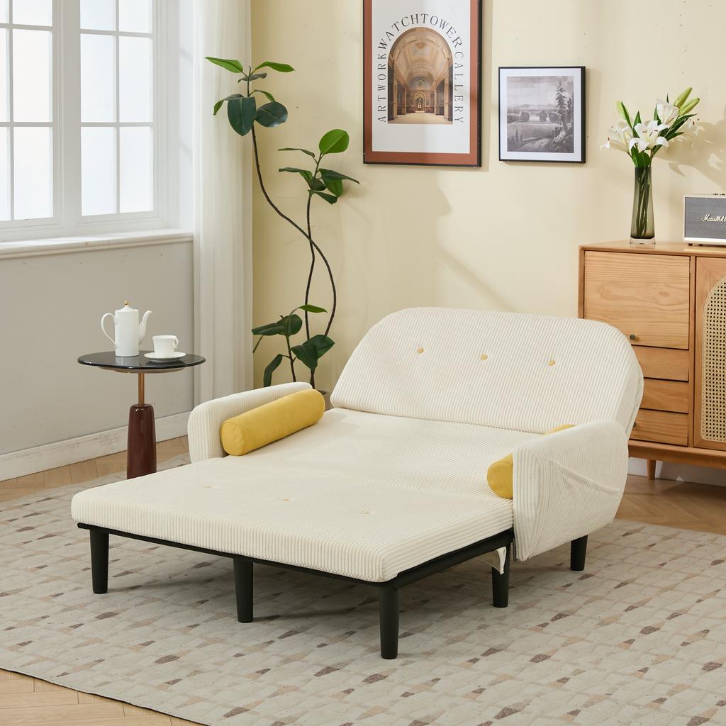 Ivory-Colored Corduroy Loveseat Sofa for the Living Room, as Daybed and Recliner with Storage Space.