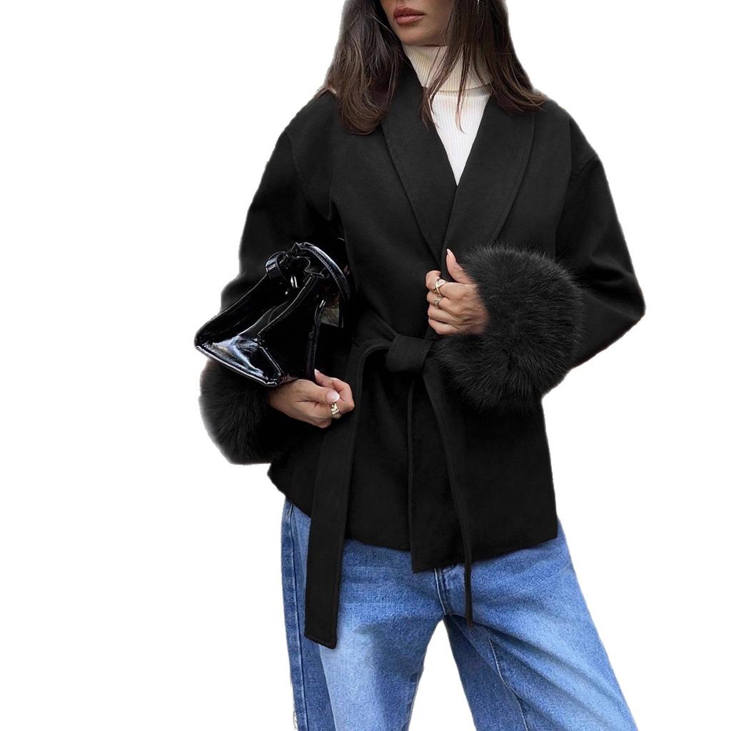 Women's Elegant Woolen Patchwork Cuffs Woolen Jacket Belt Lapel Woolen Long Sleeve Top