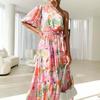 European and American diagonal shoulder long dress printed long pendulum dress slim casual dress