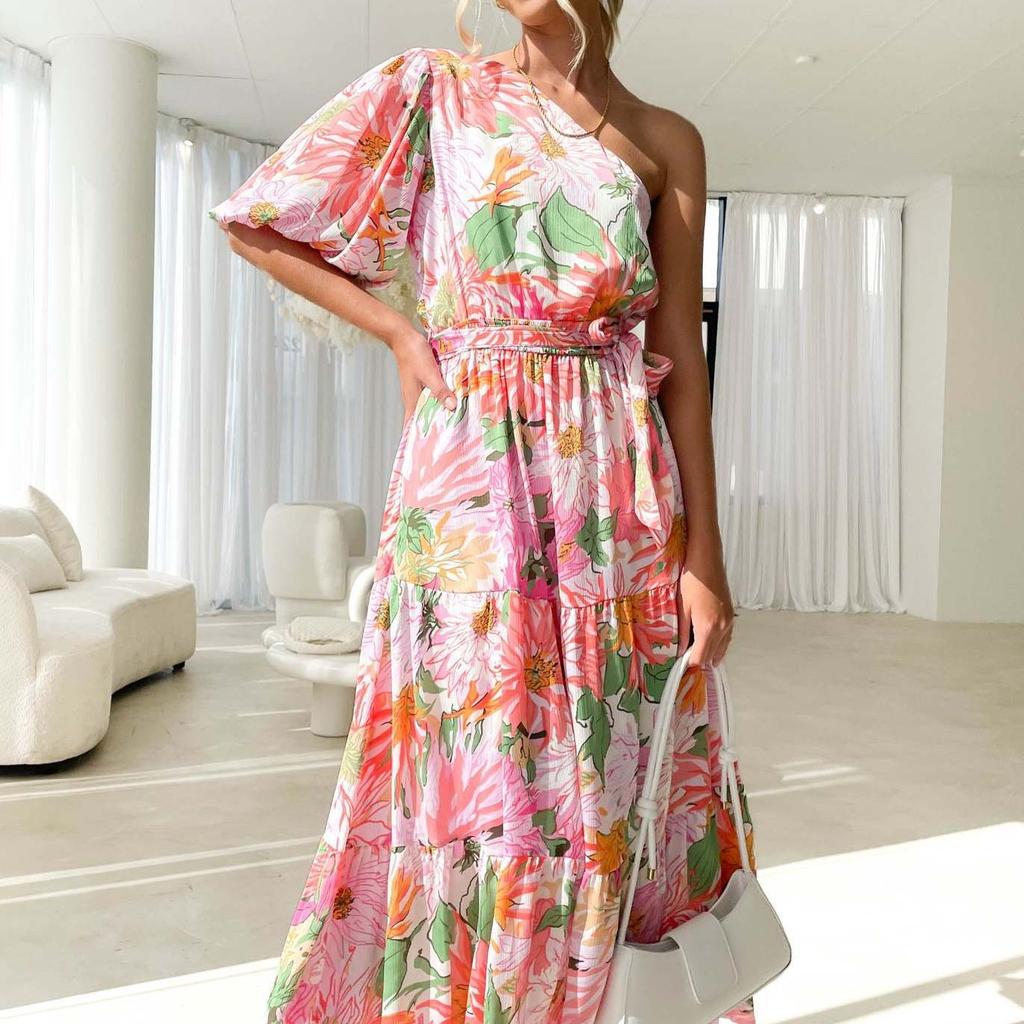 European and American diagonal shoulder long dress printed long pendulum dress slim casual dress