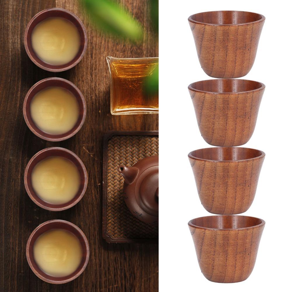 4Pcs Set Retro Style Nature Wood Wooden Cup Solid Wood Safe Wooden Cup Set Heat Insulation Wooden Coffee Cup Tea Drinking  200ml