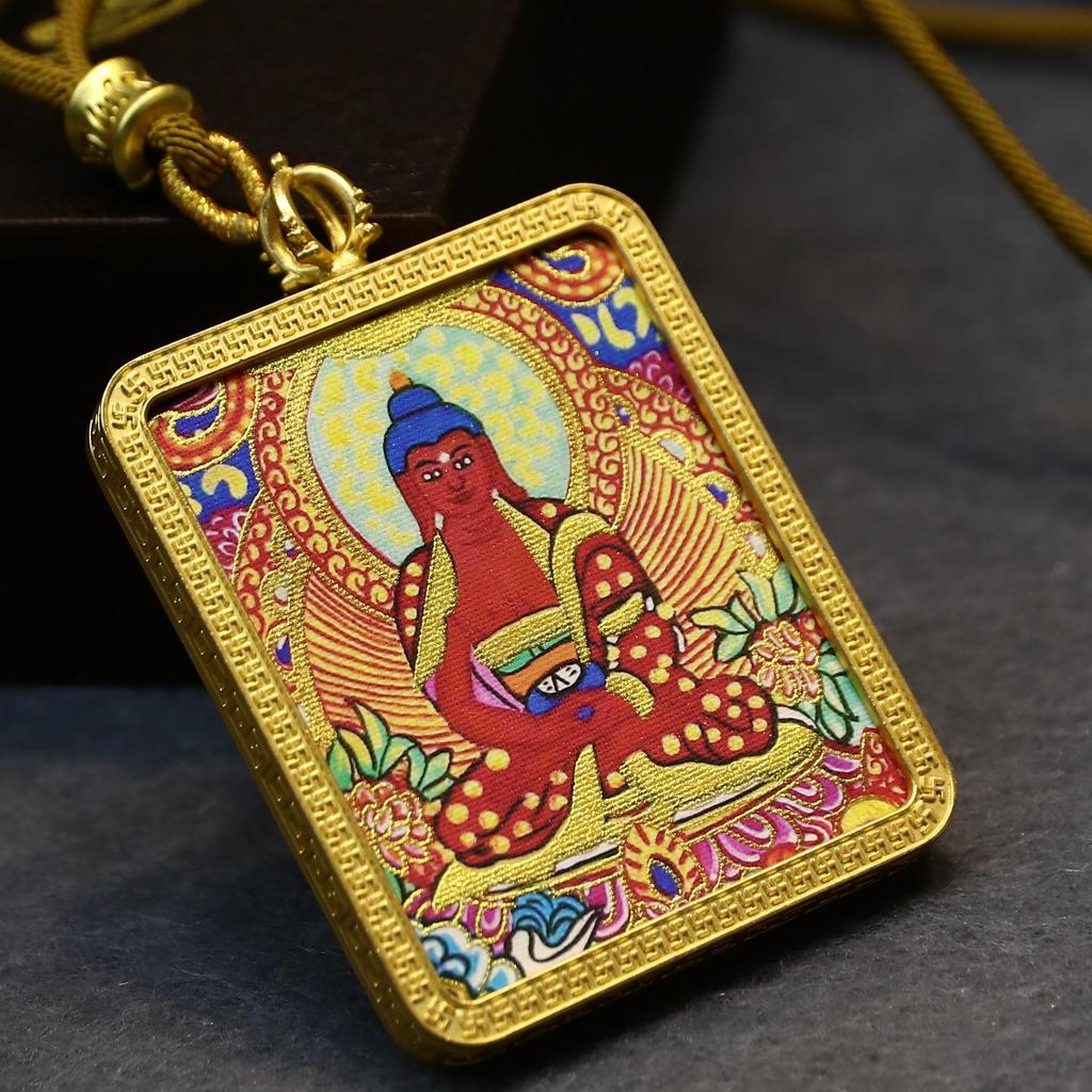Gold-Painted Tibetan Thangka Pendant with Eight Guardian Deities in Zhakiram Mahakala Gau Design