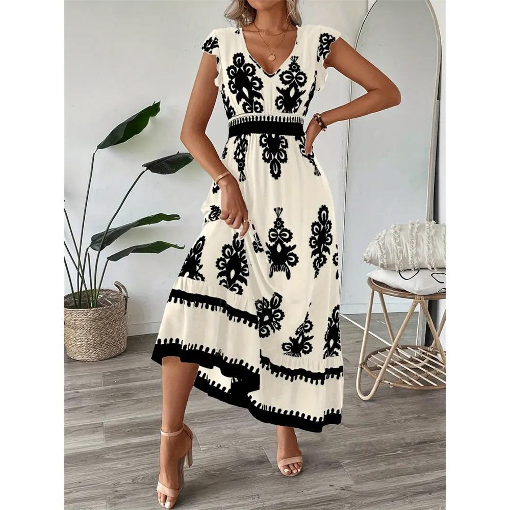Women Summer Dress V-Neck Flying Short Sleeve Beach Dress Printing High Waist Flowy Hem Vacation Dress