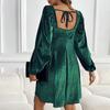 VEZFAA Women's Fashion Spring Fall Solid Color Print Long Sleeve Square Collar Loose Waistline Casual Dresses
