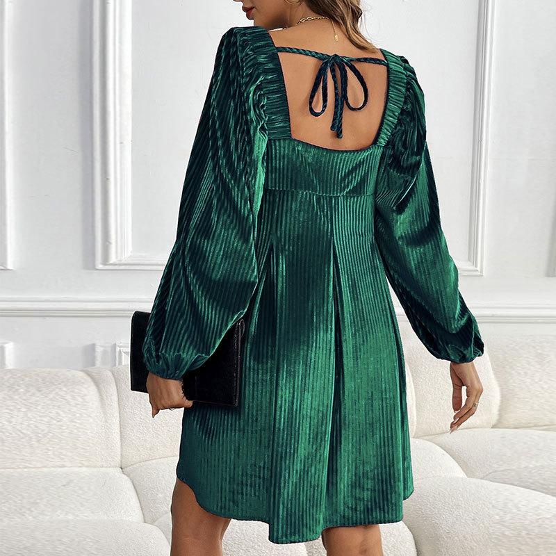 VEZFAA Women's Fashion Spring Fall Solid Color Print Long Sleeve Square Collar Loose Waistline Casual Dresses