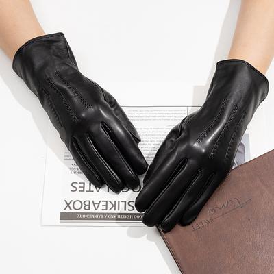 Long Warm Genuine Leather Gloves Sheepskin Gloves for Women  Touch Screen Fashionable and High  End  Black Autumn and Winter