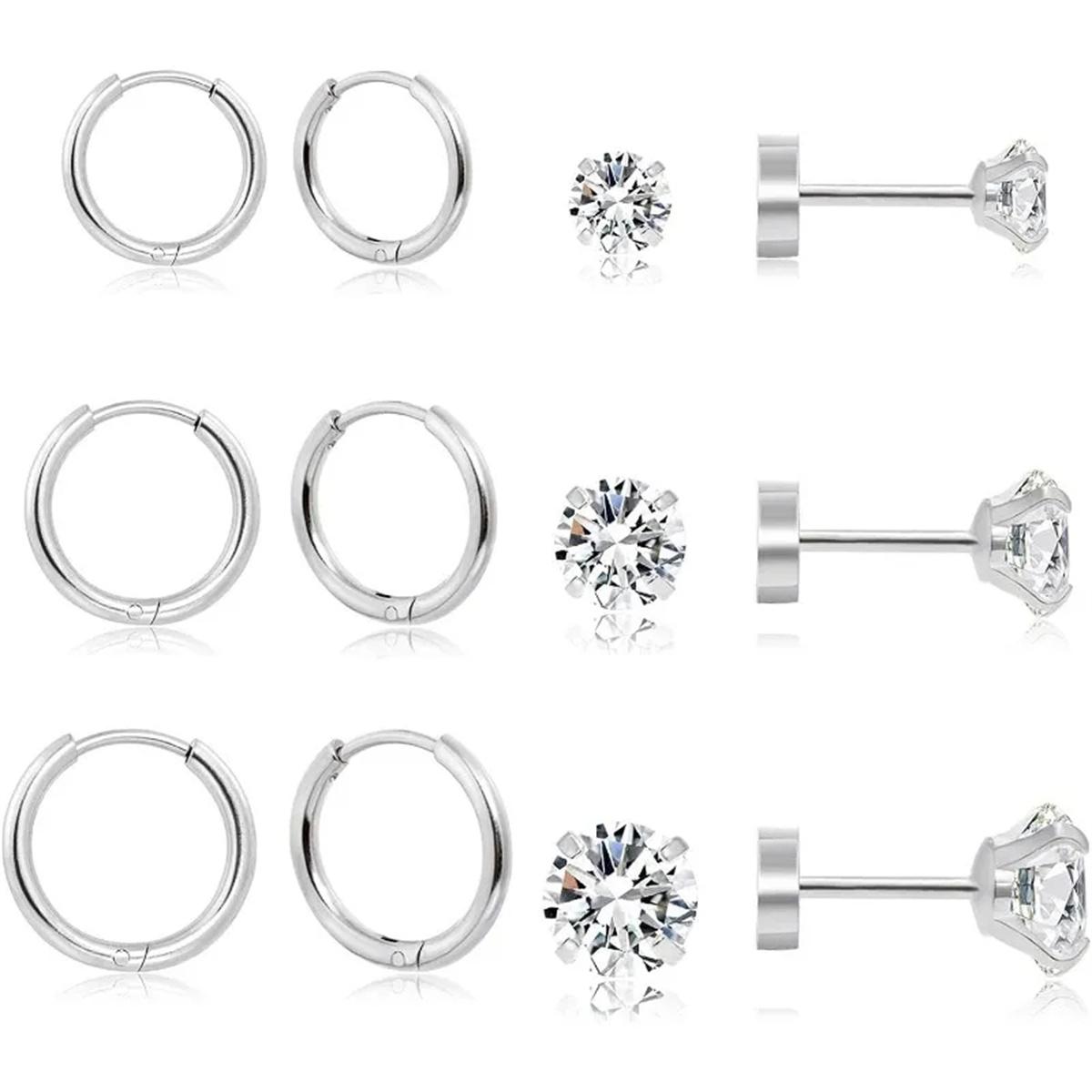 12 Pairs 20G Hypoallergenic Stainless Steel Flatback Stud Earrings Set for Women Men Sparkling Cubic Zirconia Screw Back
