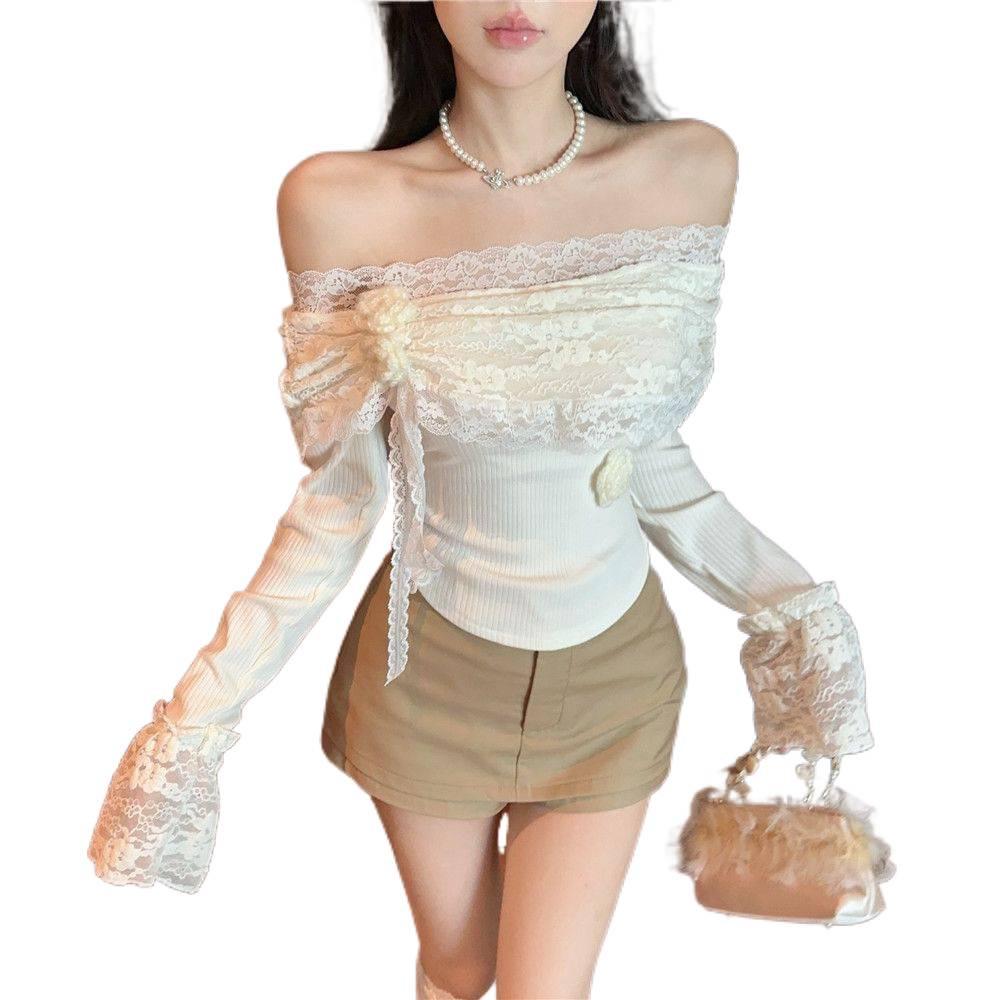 Korean Style One-Shoulder Lace Flower Long Sleeve Slimming Top