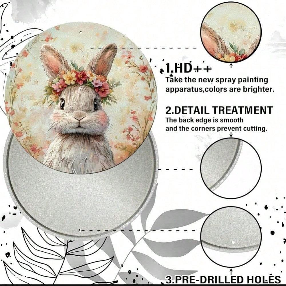 Happy Easter Bunny Rabbit Round Tin Metal Sign Vintage Wall Art Home Decor Gift