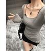 2025 Women U-Neck Long Sleeve T-Shirt Summer New Slim Repair Flared Solid Color Sexy Tops