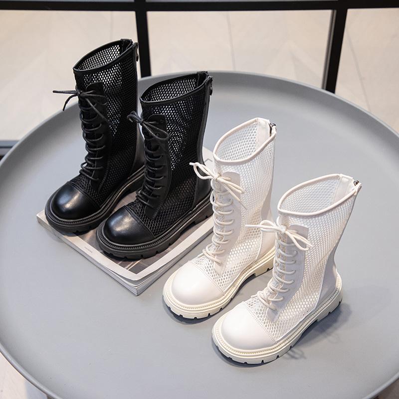 Дитяче літнє взуття Модні босоніжки для дівчаток Чоботи з високою сіткою Чисто-дихаюча прикраса на шнурівці з вирізом на блискавці Ins Style