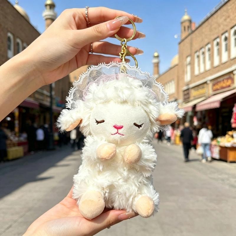 1Pcs Cute Curly-Haired Small Woolen Plush Toy Keychain Backpack Charm, Sweet Veil Little Lamb Doll, Sleepy Sheep Baby