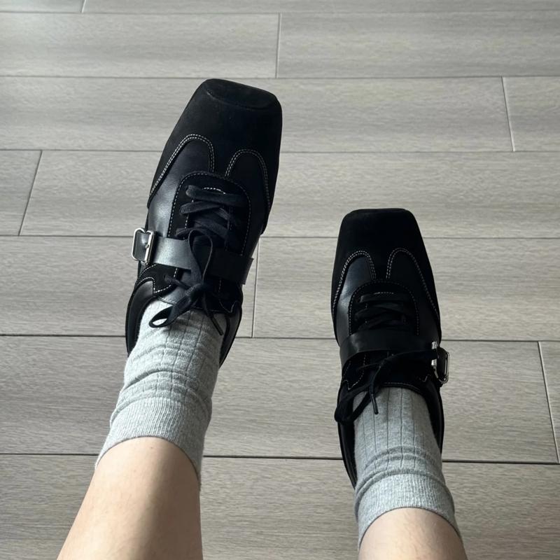 Fashion Bla Punk Sle Square Head Women's Shoes Faionable Versatile Design Korean Sle Low Heel Rubber Outsole Leather Li...