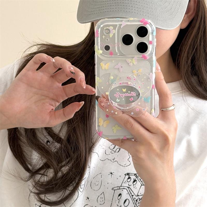 Shockproof Clear Phone Case For iPhone 14 15 16 17 Pro Max Colorful Butterfly Glitter With Pop Socket Large Window Fairy Cover