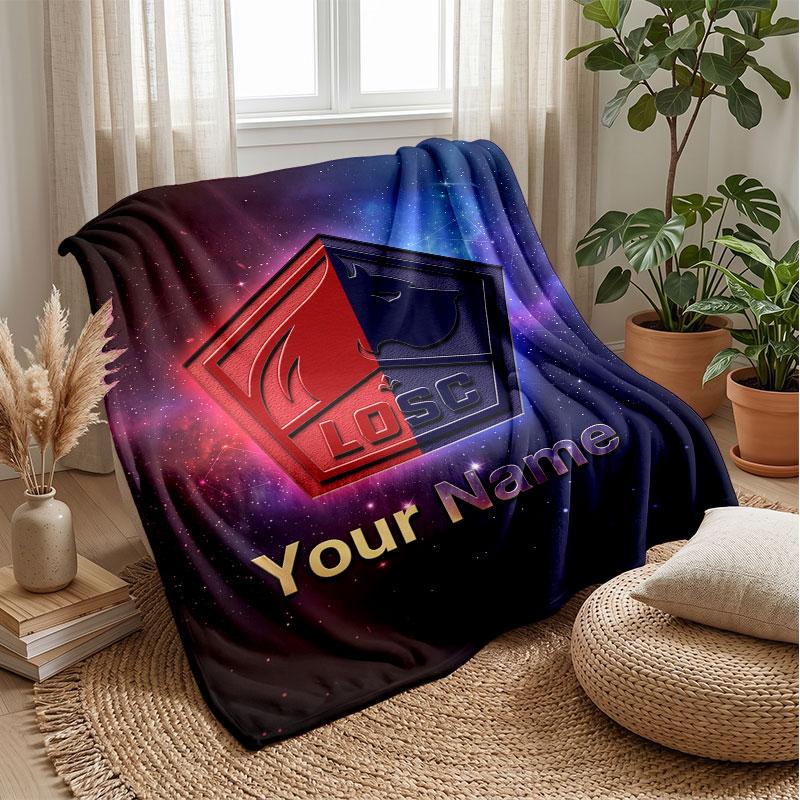 LOSC Lille Custom Name Text Flannel Blanket Soccer Logo Personalized Fleece Throw Blanket Special Gift For Sofa Bedroom Home