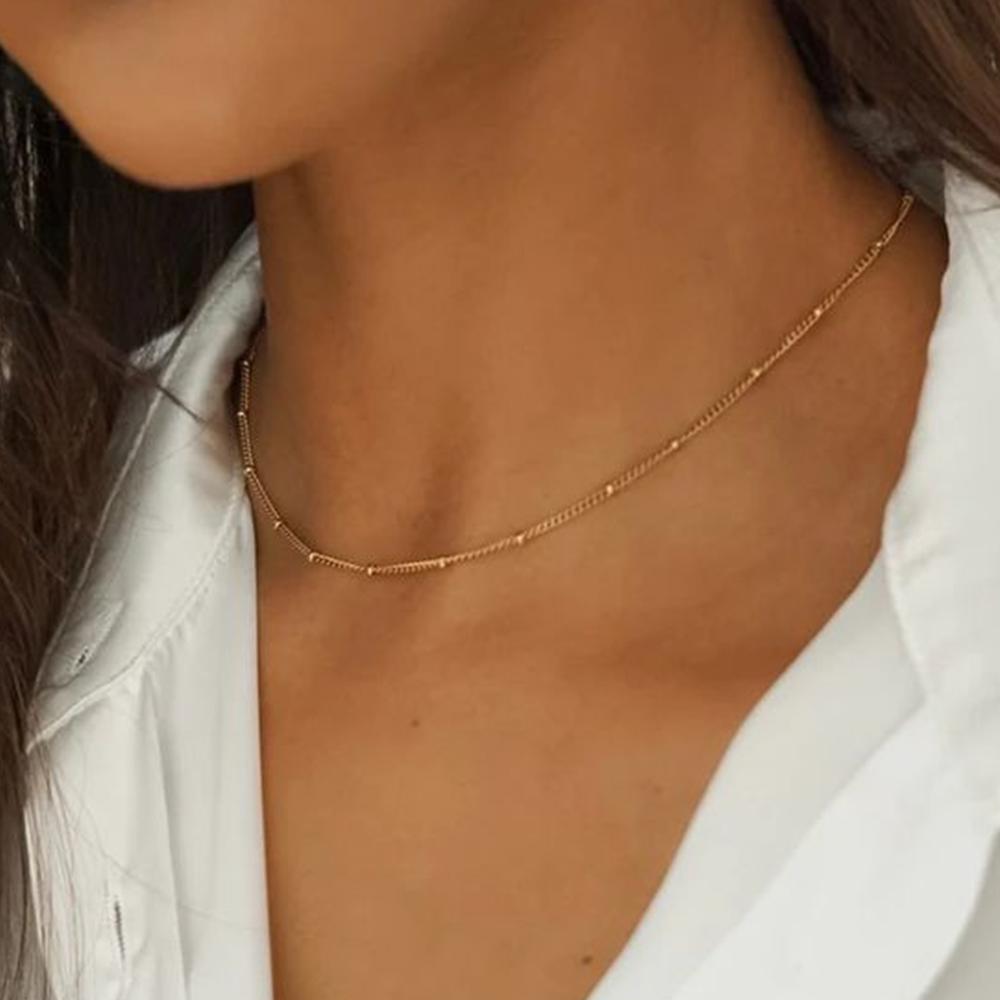 SUNIBI Stainless Steel Chain Necklace for Women Gold Color Thin Choker Bead Chain Necklace Jewelry Wholesale Dropshipping