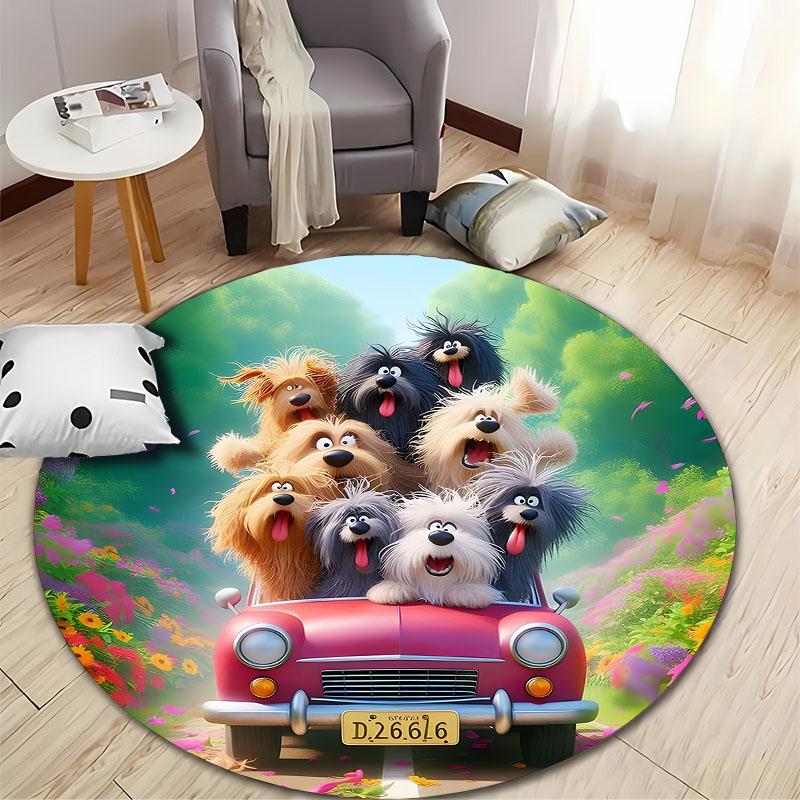 Joyful Dogs on Car Adventure Carpet round rug perfect for kids, ideal for children's rooms, round carpet for home sofa bedroom