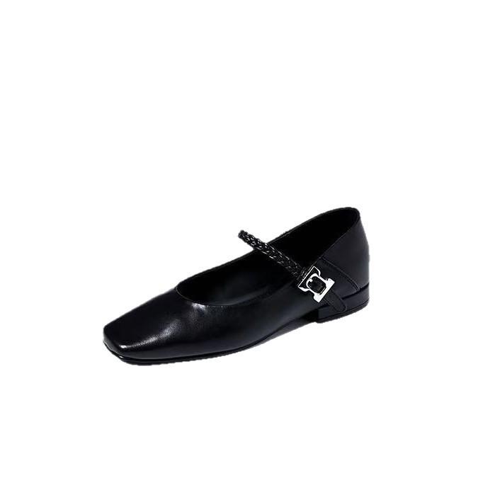Mary Jane Damenschuhe weiches Leder Französisch Frühling und Sommer neu Retro eckige Spitze flacher Ausschnitt Ein-Wort-Schnalle mit dickem Absatz Pendeln einzeln