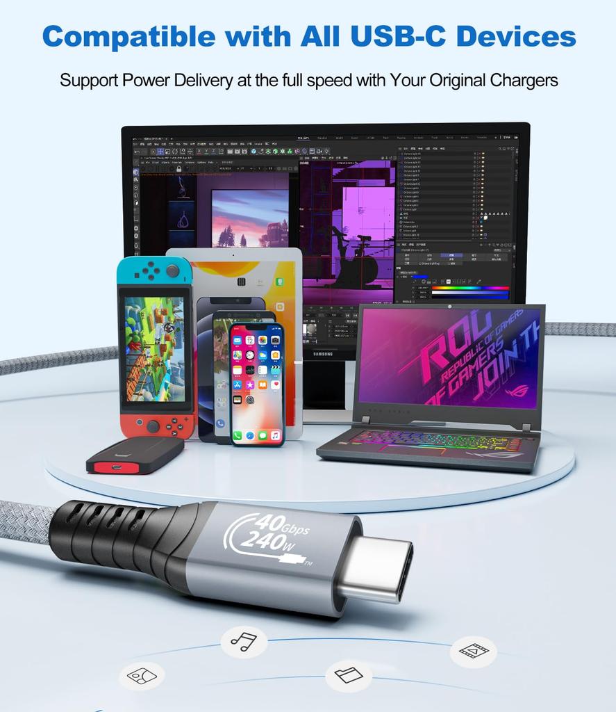USB4 Cable 240W Ultra Fast Charging 40Gbps High Speed Data Transfer Video Output Thunderbolt 4 Compatible Certified MacBook Mac Mini iPad Pro SSD