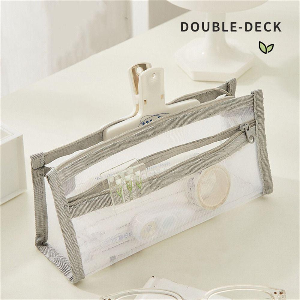 

Double Layer Pencil Bag Large Capacity Pen Case Simple Color Mesh Pencil Case School Supplies