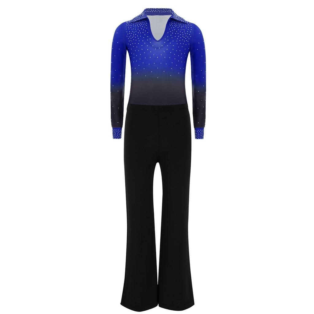 Conjunto de Leotard de Dança Brilhante com Strass, Gola Reversível, Manga Longa e Calça com Cós Elástico para Meninos