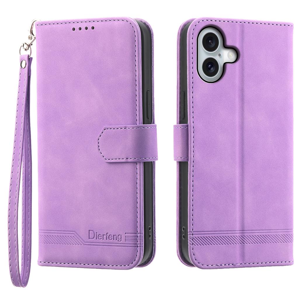 DIERFENG DF-03 For iPhone 17 Case Lines Imprint Wallet Leather Phone Cover with Wrist Strap