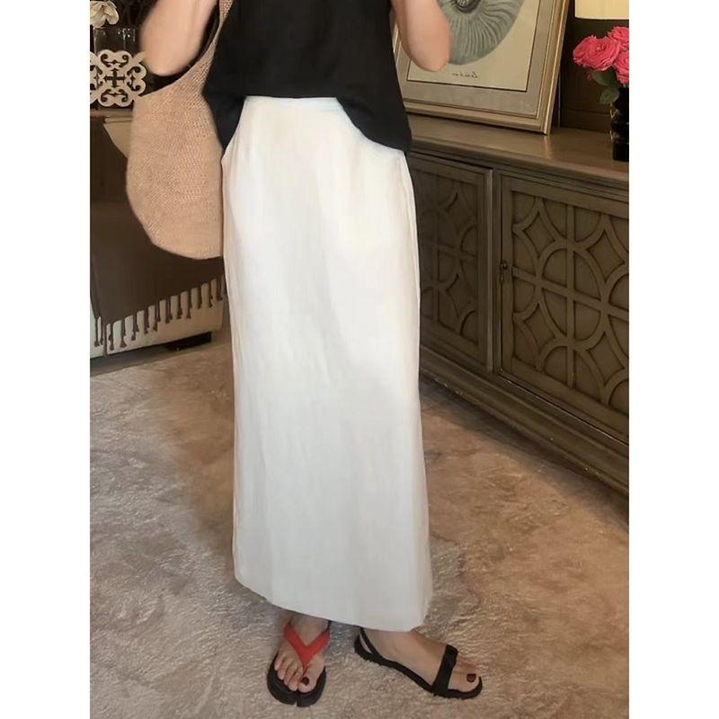 

[Now] Tencel Cotton Linen Linen Pear Shapes White Skirt Women s New Arrival Ramie A- line Straight Long Skirt Summer White S