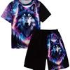 Boy's Wolf Head Animal Pattern Domineering Set, Fashionable Printed Casual Short Sleeved T-shirt, Outdoor Personalized Shorts Set