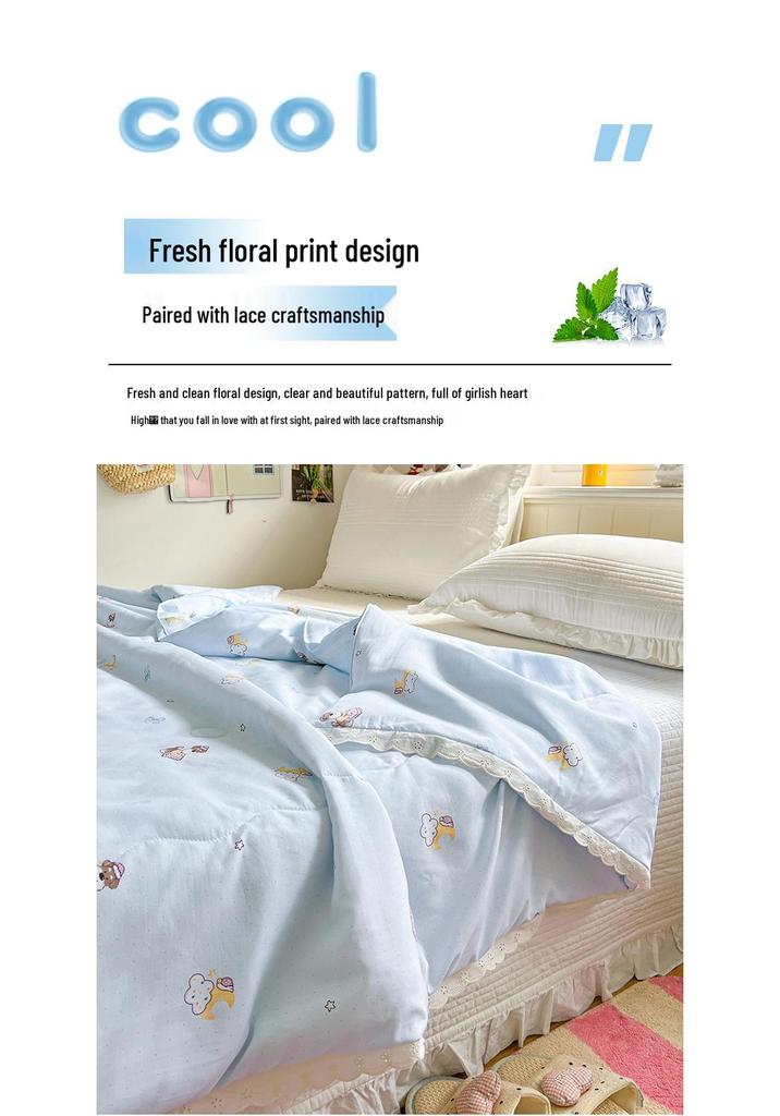 A-class Washable Cotton Summer Quilt – Floral Lace, Super Soft, Ideal for Naked Sleeping, Machine Washable, Perfect for Air Conditioning.