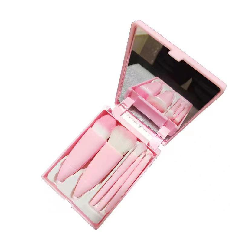 Compact 5-Piece Travel Brush Set with Mirror: Powder, Foundation, Eyeshadow Brushes & Makeup Tools