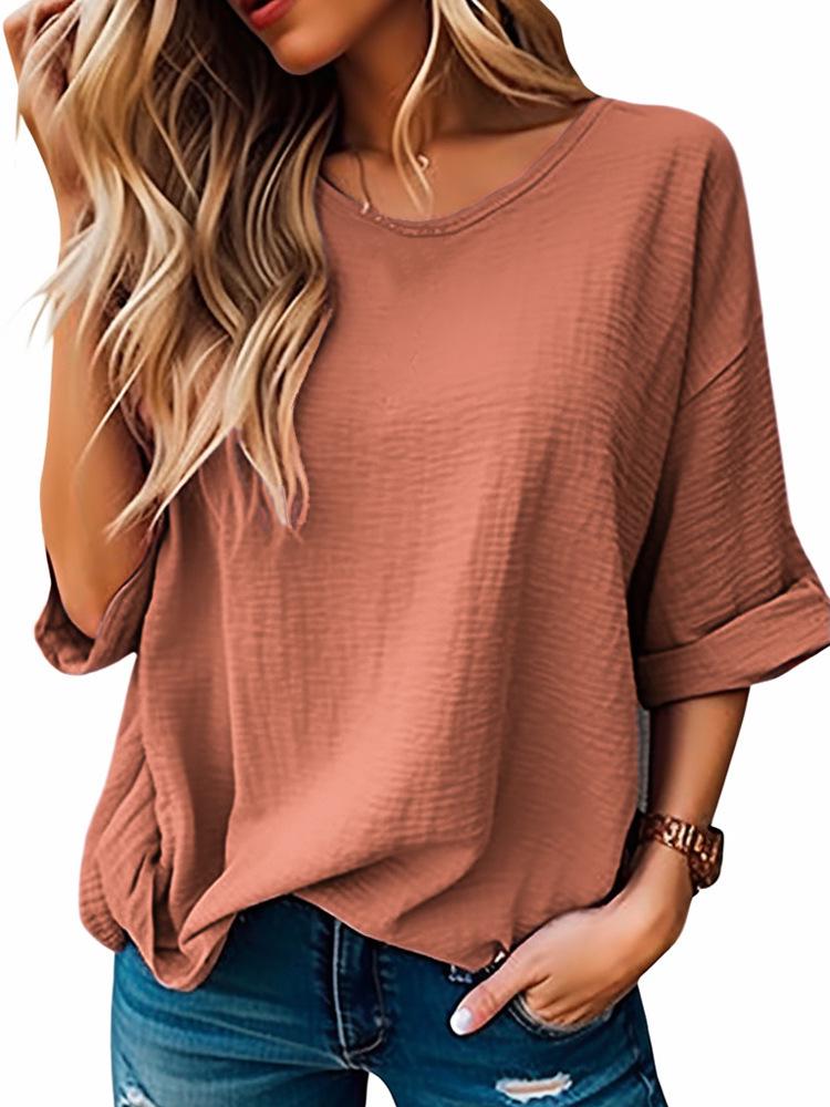 2024 Women's Summer Round Neck Five-Sleeve Cotton Linen Casual T-shirt