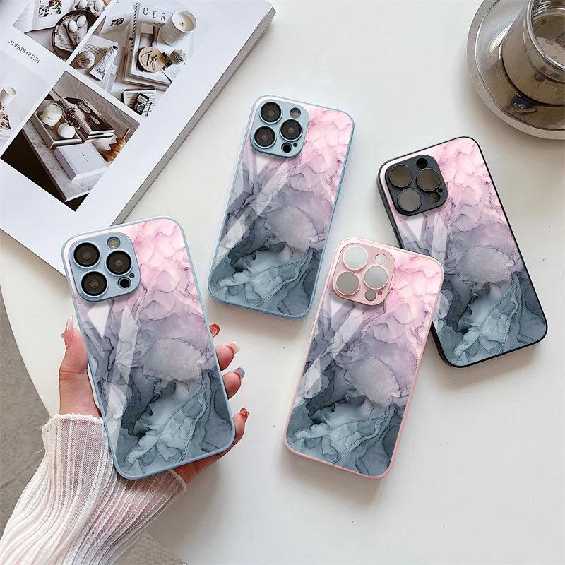 Gray-pink Marble Pattern Is Suitable for iPhone17ProMax Metallic Paint Glass Mobile Phone Protective Case 17 All-inclusive Delivery.