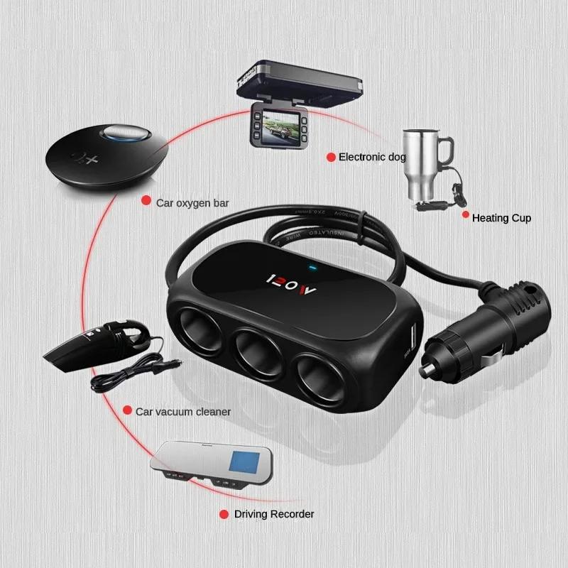 3 Socket Car Cigarette Lighter Splitter Dual USB LED Car Fast Charger 120W 12V 24V Car Charger Adapter for iPhone GPS Dashcam